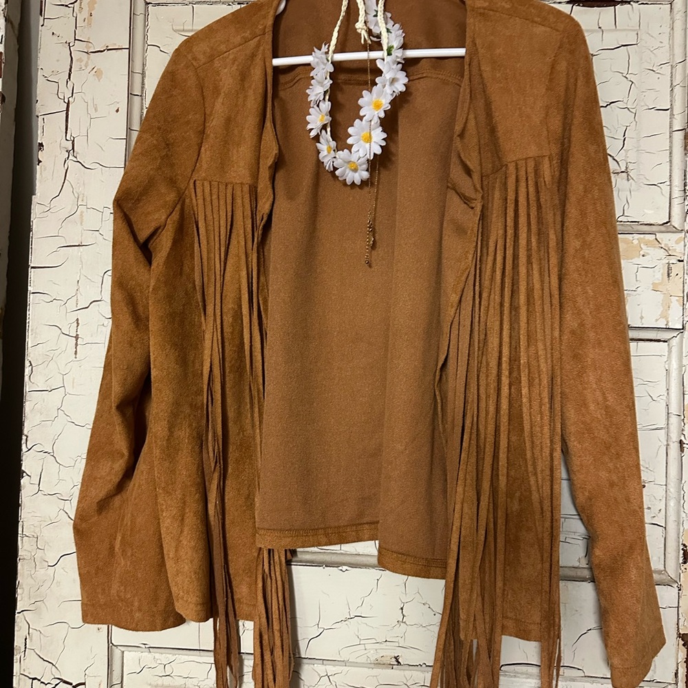 Brown Fringe faux Suede Jacket plus flower crown, earrings, necklace